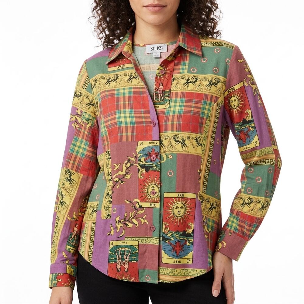 SILKS Multicolor LE Soleil Graphic Button-Up Shirt Women Long Sleeve Size M